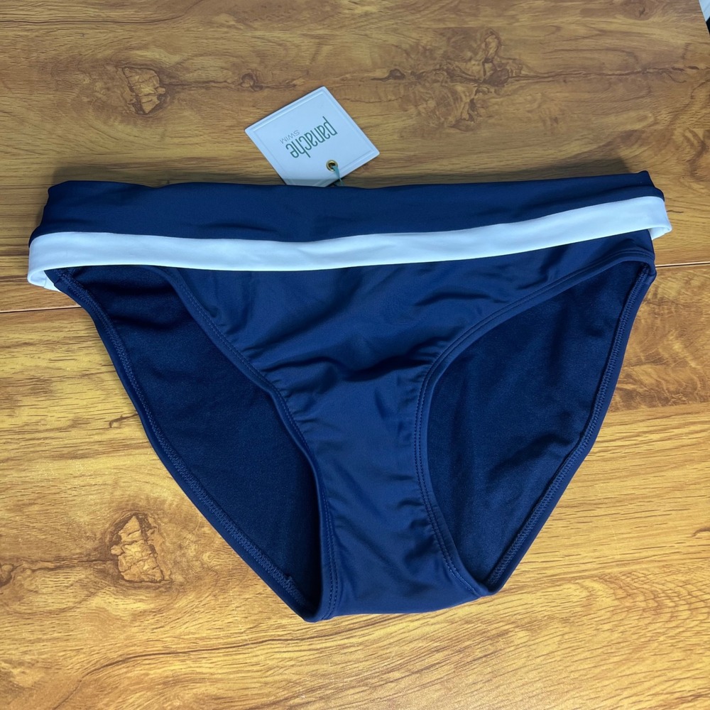 Panache Anya Cruise Fold Bikini Bottom Size S Navy White Hipster NWT